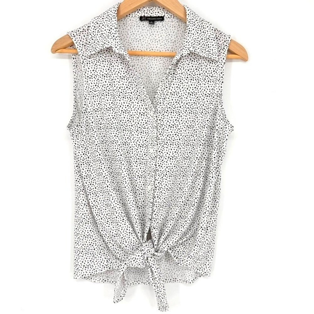 Adrianna Papell Womens Sleeveless Tie Front Button Blouse White Black Small